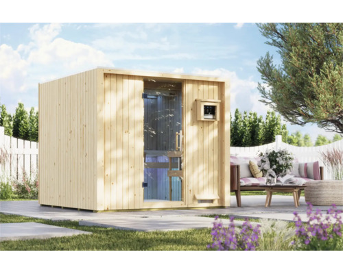Moderne Gartensauna aus Holz mit Glaselementen für den Außenbereich im Garten