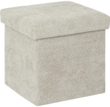 Quadratischer Sitzhocker mit Stauraum und gepolstertem Deckel aus gewebtem Textil.