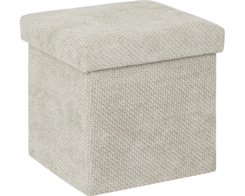 Quadratischer Sitzhocker mit Stauraum und gepolstertem Deckel aus gewebtem Textil.