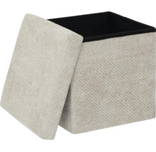 Quadratischer Sitzhocker mit Stauraum, gewebter Stoffoberfläche und abnehmbarem Deckel.