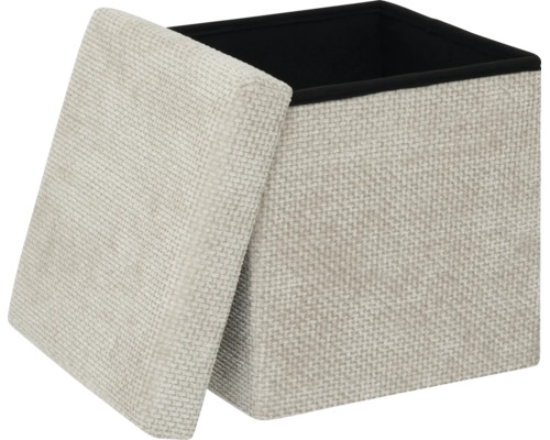 Quadratischer Sitzhocker mit Stauraum, gewebter Stoffoberfläche und abnehmbarem Deckel.