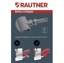 RAUTNER AluFlex 2.0 Adapter für Teleskopstangen mit Kompatibilitätshinweisen zu weiteren Artikeln und Darstellung des passenden Anschlusses.