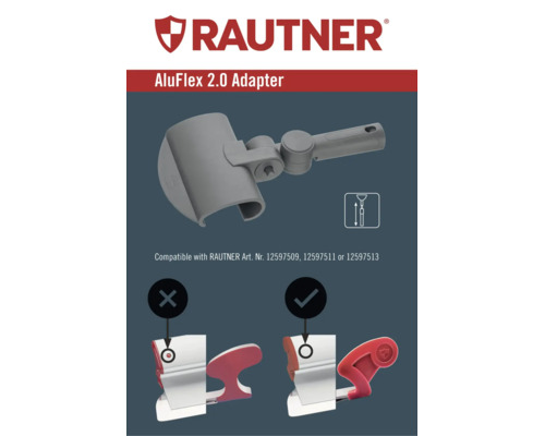 RAUTNER AluFlex 2.0 Adapter für Teleskopstangen mit Kompatibilitätshinweisen zu weiteren Artikeln und Darstellung des passenden Anschlusses.