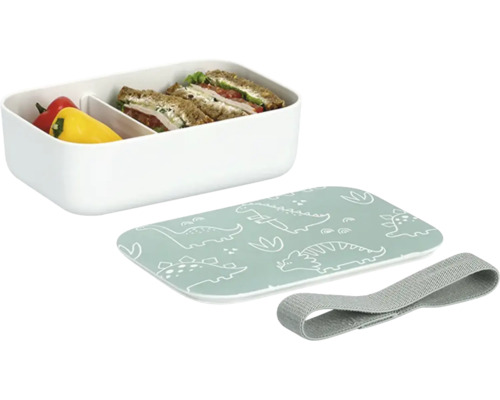 Jausenbox mit Deckel mit Dinosaurier-Motiv, Trennfach und Gummiband, gefüllt mit Proviant.