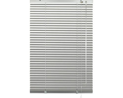 Aluminium-Jalousie mit horizontalen Lamellen, Zugschnur und transparentem Wendestab.