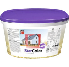 Baumit StarColor Premium Silikon Fassadenfarbe in einem weißen ovalen Eimer mit violettem Deckel und Baumit Logo.