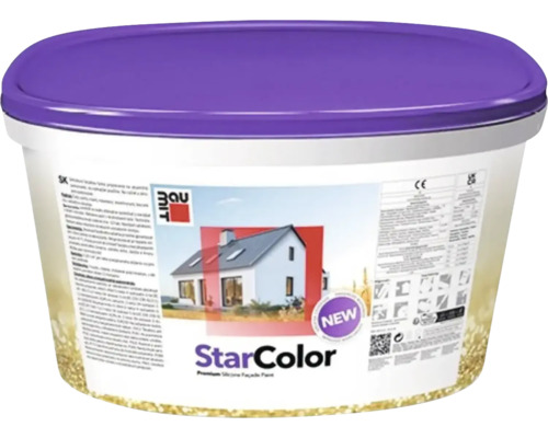 Baumit StarColor Premium Silikon Fassadenfarbe in einem weißen ovalen Eimer mit violettem Deckel und Baumit Logo.