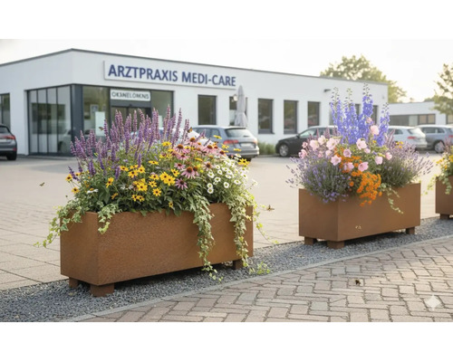 Rechteckige Pflanzkübel in Edelrostoptik mit Sommerbepflanzung und Efeu im Außenbereich vor einem modernen Gebäude.