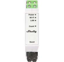 Shelly Smart Home Modul für DIN-Schiene mit LED-Anzeigen für Power, Wi-Fi, LAN, Count und Reset-Taste.