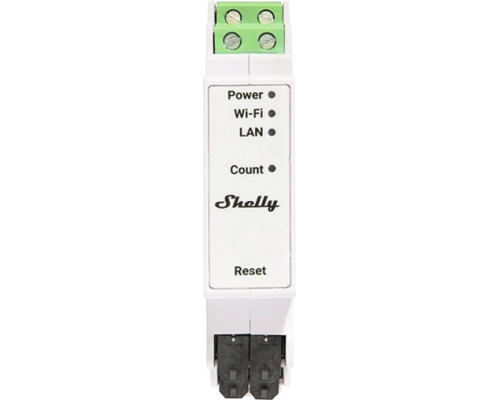 Shelly Smart Home Modul für DIN-Schiene mit LED-Anzeigen für Power, Wi-Fi, LAN, Count und Reset-Taste.
