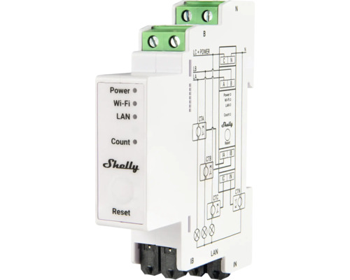 Weißes Shelly Pro 3EM dreiphasiges Energiemessgerät für die Hutschiene mit Statusanzeigen und einem Schaltplan auf der Seite.
