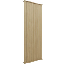 Wandpaneel aus Holz mit vertikalen, gewellten Lamellen in Eichenoptik inklusive oberer und unterer Abschlussleiste.