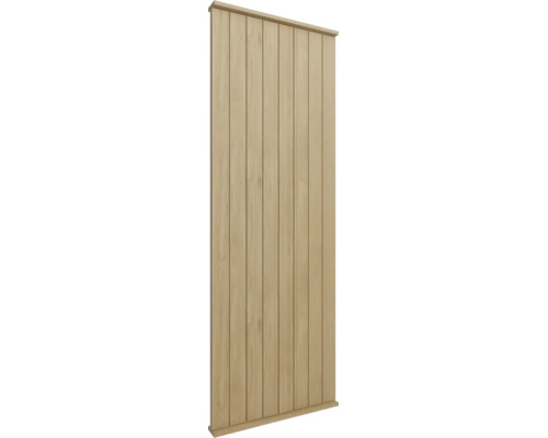 Wandpaneel mit vertikalen Holzlamellen in hellem Holzdekor, inklusive oberer und unterer Abschlussleiste.