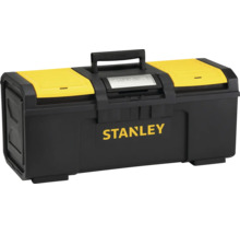 Stanley Werkzeugbox aus Kunststoff mit zwei Sortimentsfächern im Deckel, Tragegriff und Metallverschluss.