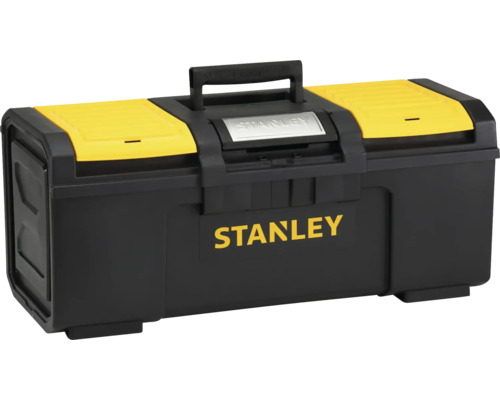 Stanley Werkzeugbox aus Kunststoff mit zwei Sortimentsfächern im Deckel, Tragegriff und Metallverschluss.