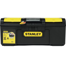 Stanley Werkzeugkasten, 60 Zentimeter, Einhandbedienung, Kunststoff, schwarz und gelb, zwei Kleinteilefächer im Deckel, Stanley Logo.