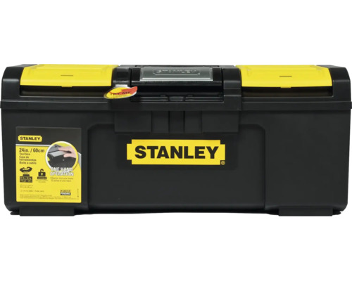 Stanley Werkzeugkasten, 60 Zentimeter, Einhandbedienung, Kunststoff, schwarz und gelb, zwei Kleinteilefächer im Deckel, Stanley Logo.