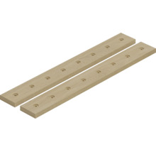 Zwei Holzleisten aus Eichenholz mit vorgebohrten Löchern für Regalsysteme.