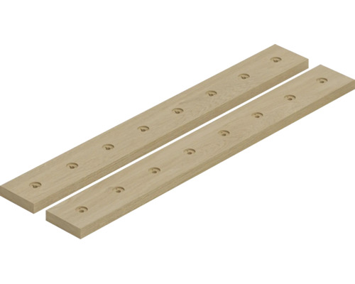 Zwei Holzleisten aus Eichenholz mit vorgebohrten Löchern für Regalsysteme.