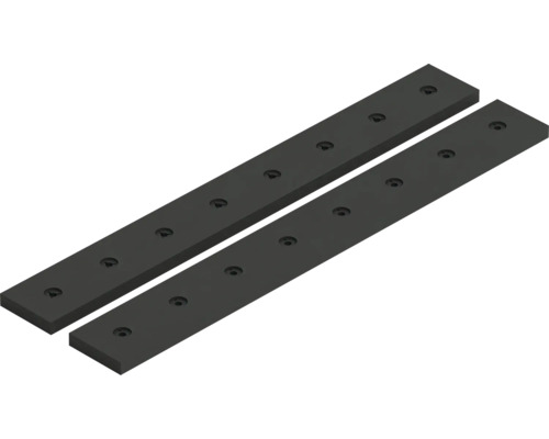 Zwei schwarze Flachverbinder mit jeweils acht vorgebohrten Löchern für die Montage.