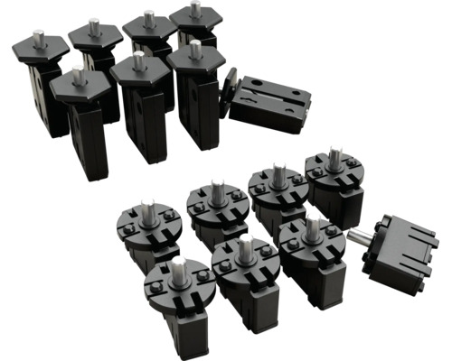 Set aus schwarzen Kunststoff-Beschlägen mit Metallstiften für Möbelmontage.