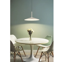 Moderne Pendelleuchte über rundem Esstisch mit Blumen und Eames-Stil Stühlen in einem hellen Raum.