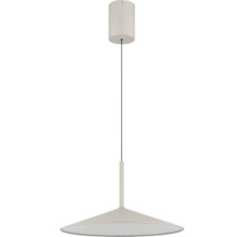 Pendelleuchte mit flachem, kegelförmigem Schirm, schwarzem Kabel und zylindrischem Baldachin.