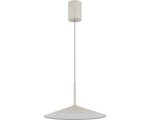 Pendelleuchte mit flachem, kegelförmigem Schirm, schwarzem Kabel und zylindrischem Baldachin.