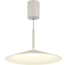 Moderne weiße Pendelleuchte mit flachem, weitem Schirm und zylindrischem Baldachin.