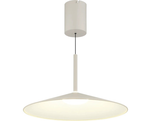 Moderne weiße Pendelleuchte mit flachem, weitem Schirm und zylindrischem Baldachin.
