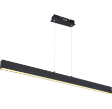 Lineare LED-Pendelleuchte in Schwarz mit rechteckiger Deckenhalterung und höhenverstellbarer Aufhängung.