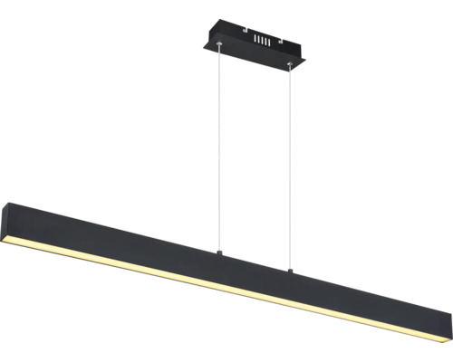 Lineare LED-Pendelleuchte in Schwarz mit rechteckiger Deckenhalterung und höhenverstellbarer Aufhängung.