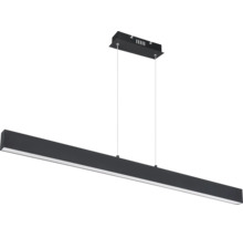 Moderne, rechteckige LED-Pendelleuchte in Schwarz mit schmalem Design und Seilaufhängung.