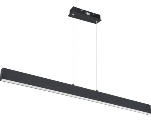 Moderne, rechteckige LED-Pendelleuchte in Schwarz mit schmalem Design und Seilaufhängung.
