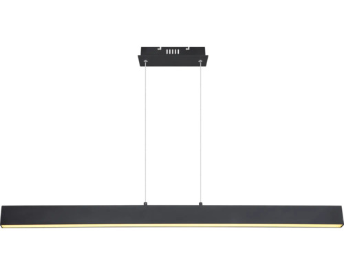 Moderne, geradlinige LED-Pendelleuchte aus Metall mit rechteckigem Baldachin und zwei dünnen Drahtseilen.