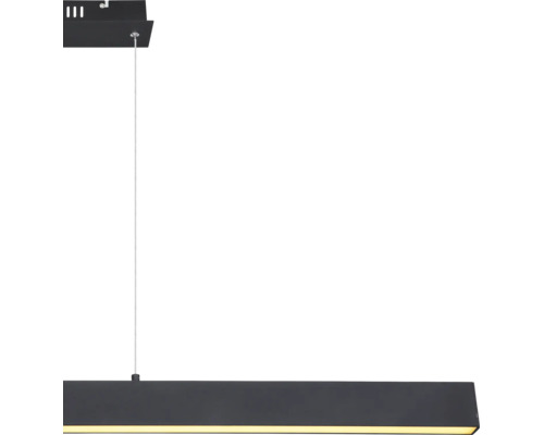 Moderne, geradlinige LED-Pendelleuchte mit schwarzem Gehäuse und schmaler Lichtaustrittsfläche.