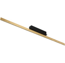 Lineare LED-Deckenleuchte aus Holz mit schwarzer Deckenhalterung und mehreren LED-Lichtpunkten.