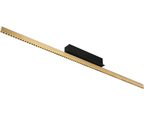 Lineare LED-Deckenleuchte aus Holz mit schwarzer Deckenhalterung und mehreren LED-Lichtpunkten.