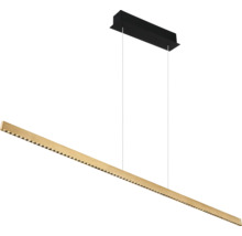 Moderne LED-Pendelleuchte mit einem schmalen Balken aus Holz und schwarzer Deckenhalterung.