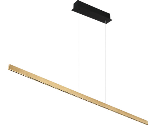 Moderne LED-Pendelleuchte mit einem schmalen Balken aus Holz und schwarzer Deckenhalterung.