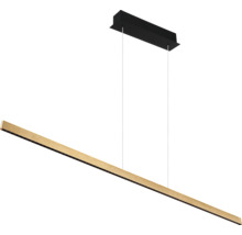 Lineare LED-Pendelleuchte mit einem Balken in Holzoptik und schwarzer Deckenhalterung.