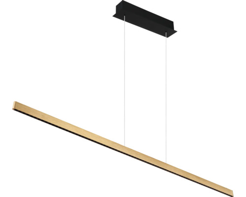 Lineare LED-Pendelleuchte mit einem Balken in Holzoptik und schwarzer Deckenhalterung.