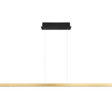 Moderne Pendelleuchte mit schmalem, langem Balken aus Holz und schwarzer Deckenhalterung.