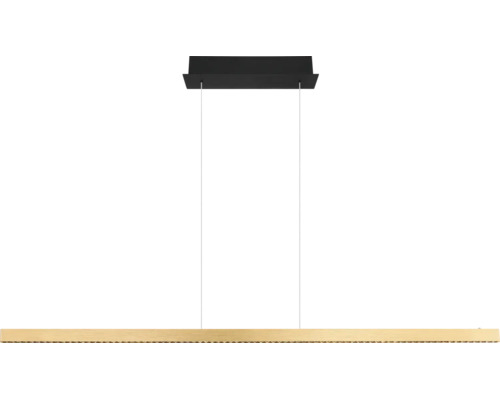 Moderne Pendelleuchte mit schmalem, langem Balken aus Holz und schwarzer Deckenhalterung.
