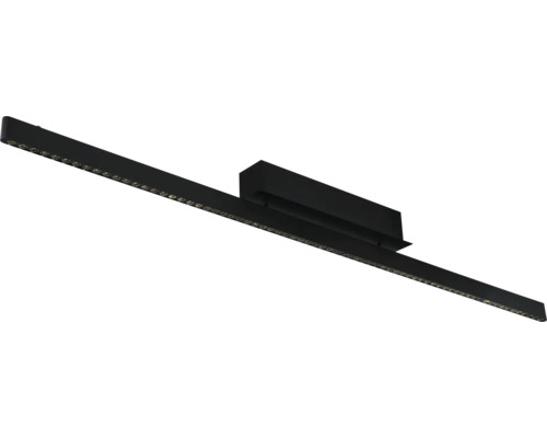 Schwarze, schmale Deckenleuchte in Balkenform mit mehreren Linsen und zentraler Montagebox.