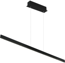 Schwarze, lineare LED-Pendelleuchte mit rechteckigem Deckenbaldachin und schmalem Leuchtkörper an zwei Seilaufhängungen.