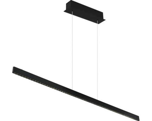 Schwarze, lineare LED-Pendelleuchte mit rechteckigem Deckenbaldachin und schmalem Leuchtkörper an zwei Seilaufhängungen.