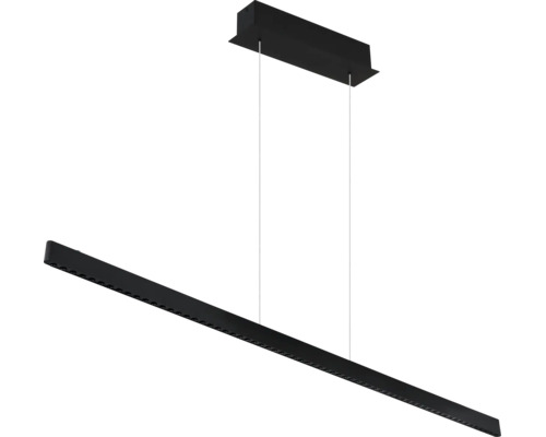 Moderne schwarze LED-Pendelleuchte mit langem, schmalem linearem Design und rechteckiger Deckenhalterung.