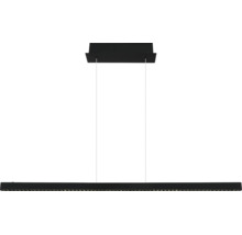 Moderne, lineare LED-Pendelleuchte in Schwarz mit rechteckiger Deckenhalterung und zwei dünnen Drahtseilen.
