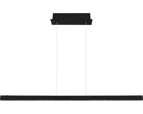 Moderne, lineare LED-Pendelleuchte in Schwarz mit rechteckiger Deckenhalterung und zwei dünnen Drahtseilen.